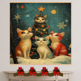 Retro Christmas Cats Print Festive Kittens in Holiday Costumes Around Snowy Tree Whimsical Winter Vintage Artwork for Cozy Seasonal Home Decorations on Ready to Hang 1.5" Thick Canvas Wrap, Floating Framed Canvas, Flat Rolled Canvas